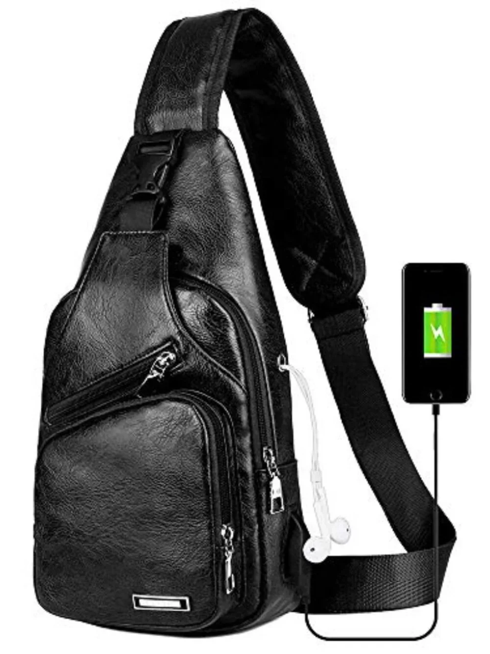 PU Leather Sling Bag Crossbody Backpack with USB Charging Port